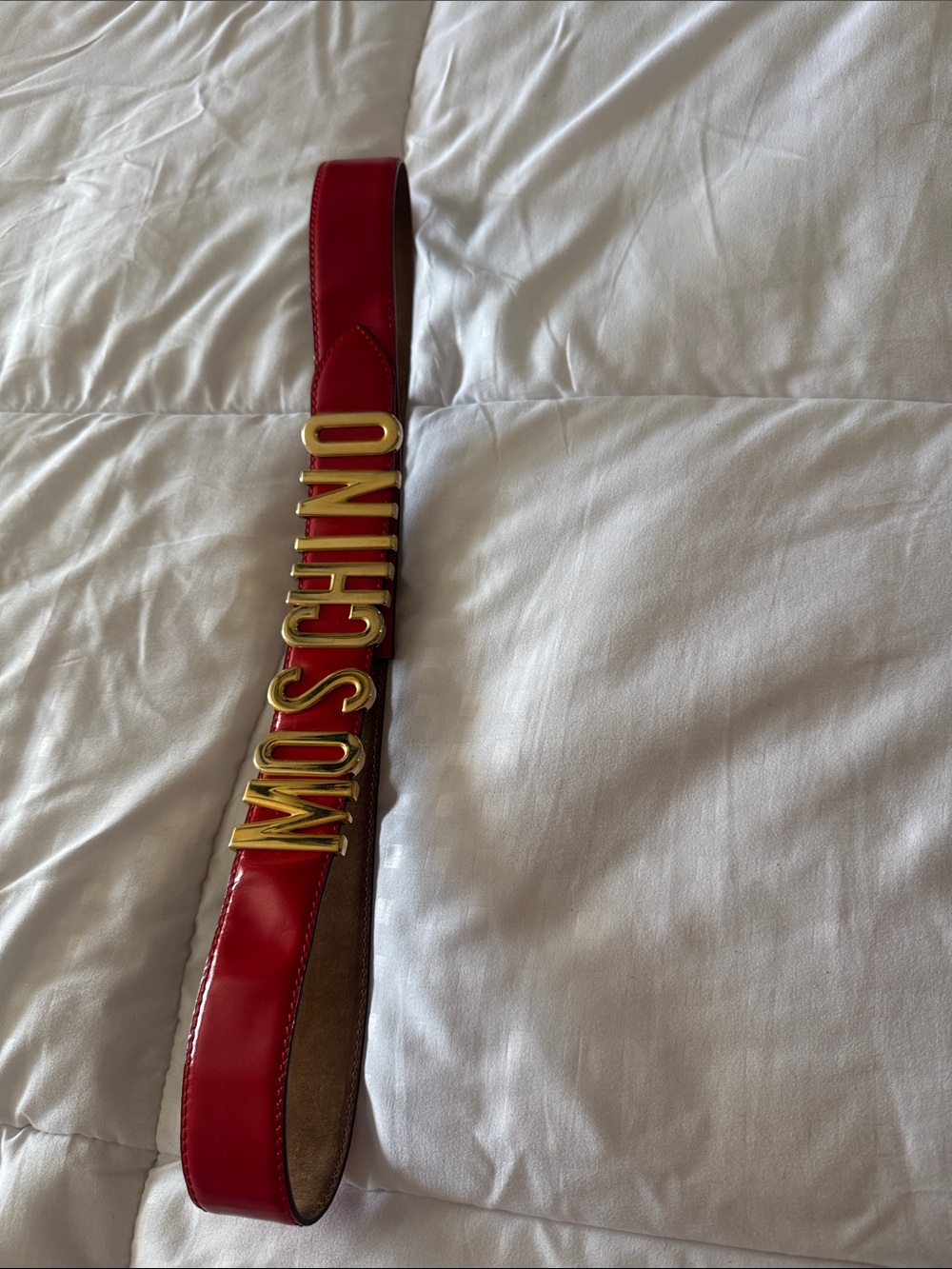 Authentic Moschino Red Leather Belt with Gold Lettering